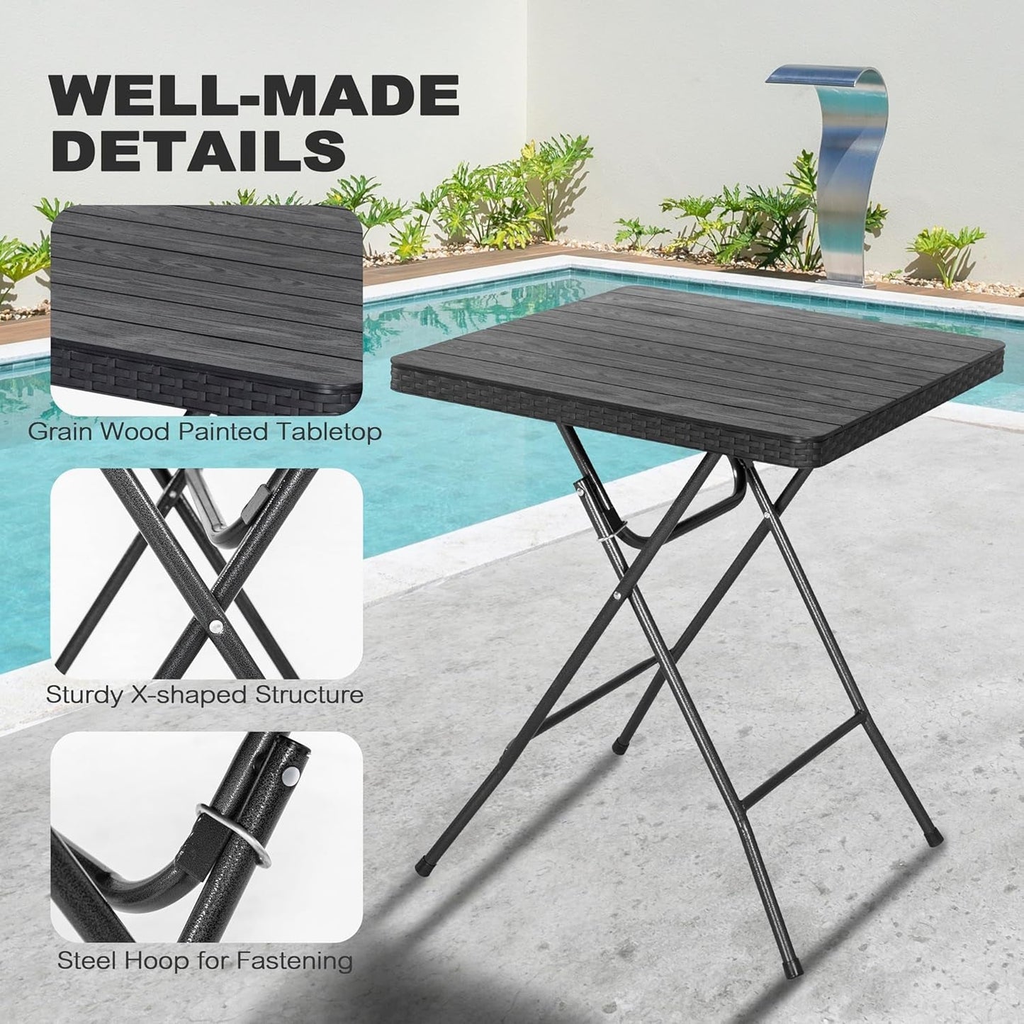 3 Piece Outdoor Folding Patio Set, Weather-Resistant Rattan Folding Patio Table and Wicker Patio Chairs for Indoors and Outdoors, Backyard, Pool, Lawn, Porch, Balcony, Black-3
