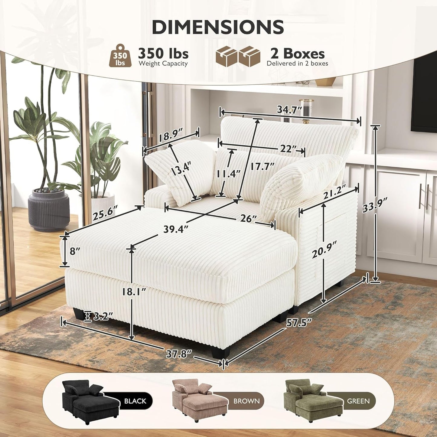 Chaise Lounge Chair Indoor with Ottoman, 57.52 "D Oversized Sleeper Chair, Corduroy Upholstered Comfy Sofa for Bedroom, Living Room, Office(Beige)-4