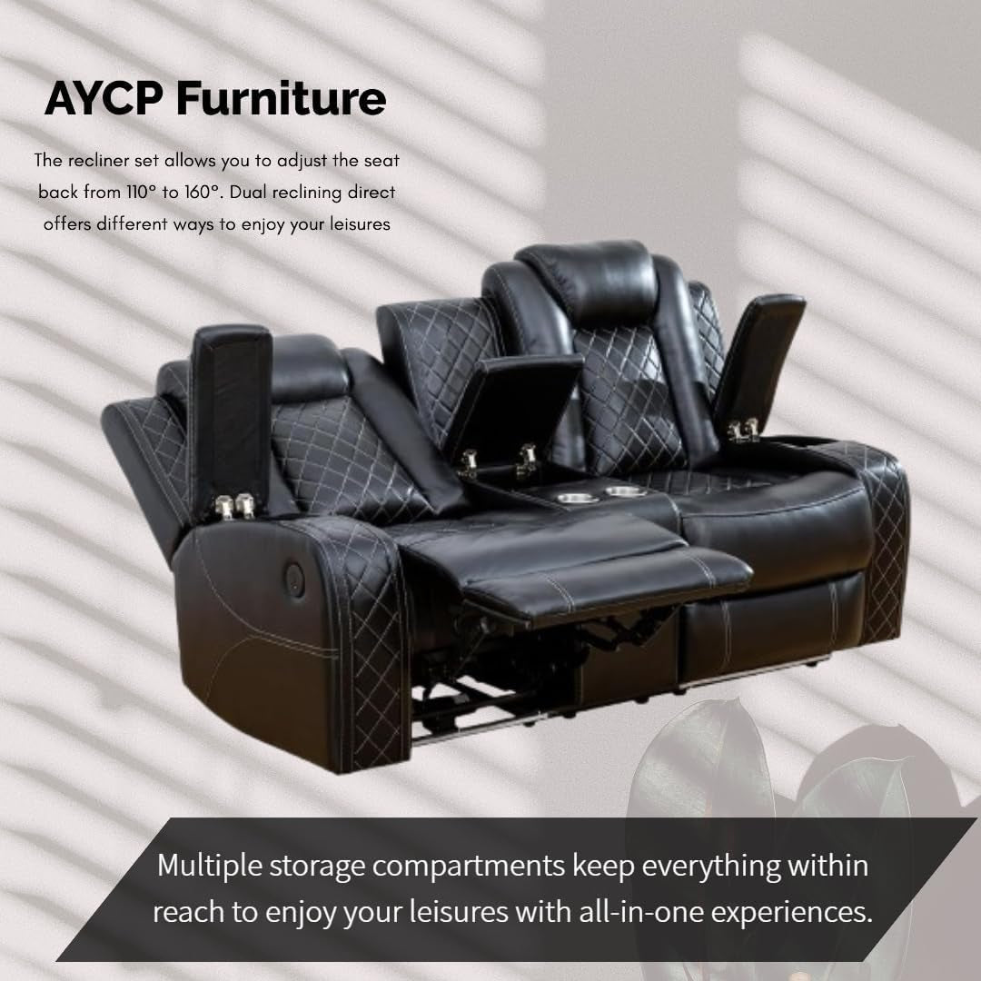 Power Recliner Set with LED Lights, Air Leather Reclining Set with USB Port/Wireless Charger/Storage Console/Cup Holder for House/Hometheater/Apt (Black, Sofa Loveseat Chair)-4