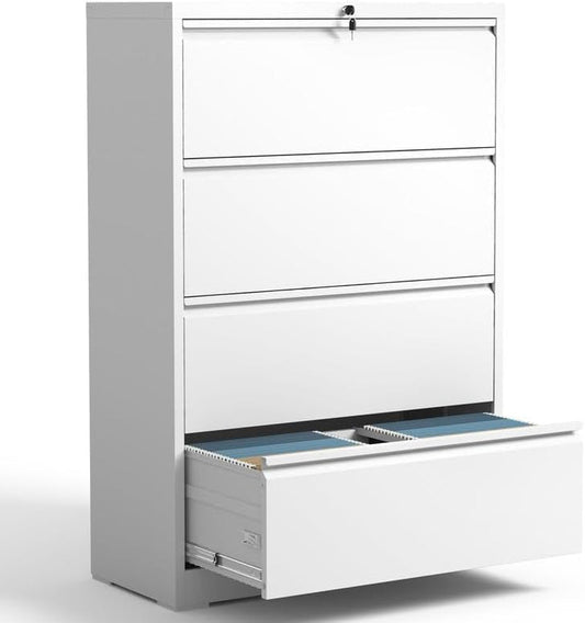 Lateral File Cabinet 4 Drawer, Metal File Cabinets for Home Office Legal/Letter A4 Size, File Cabinet with 4 Lock, Require Assembly(White)-0