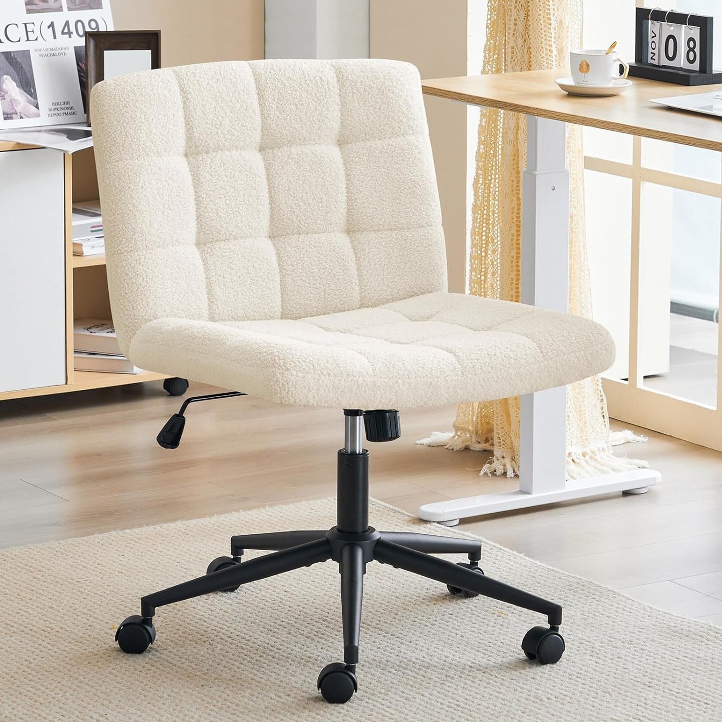 Swivel Criss Cross Legged Chair with Wheels for Home Office, Wide Armless Desk Chair Height Adjustable Comfy Seat for Desk,Vanity, Bedroom, Faux Fur White-0