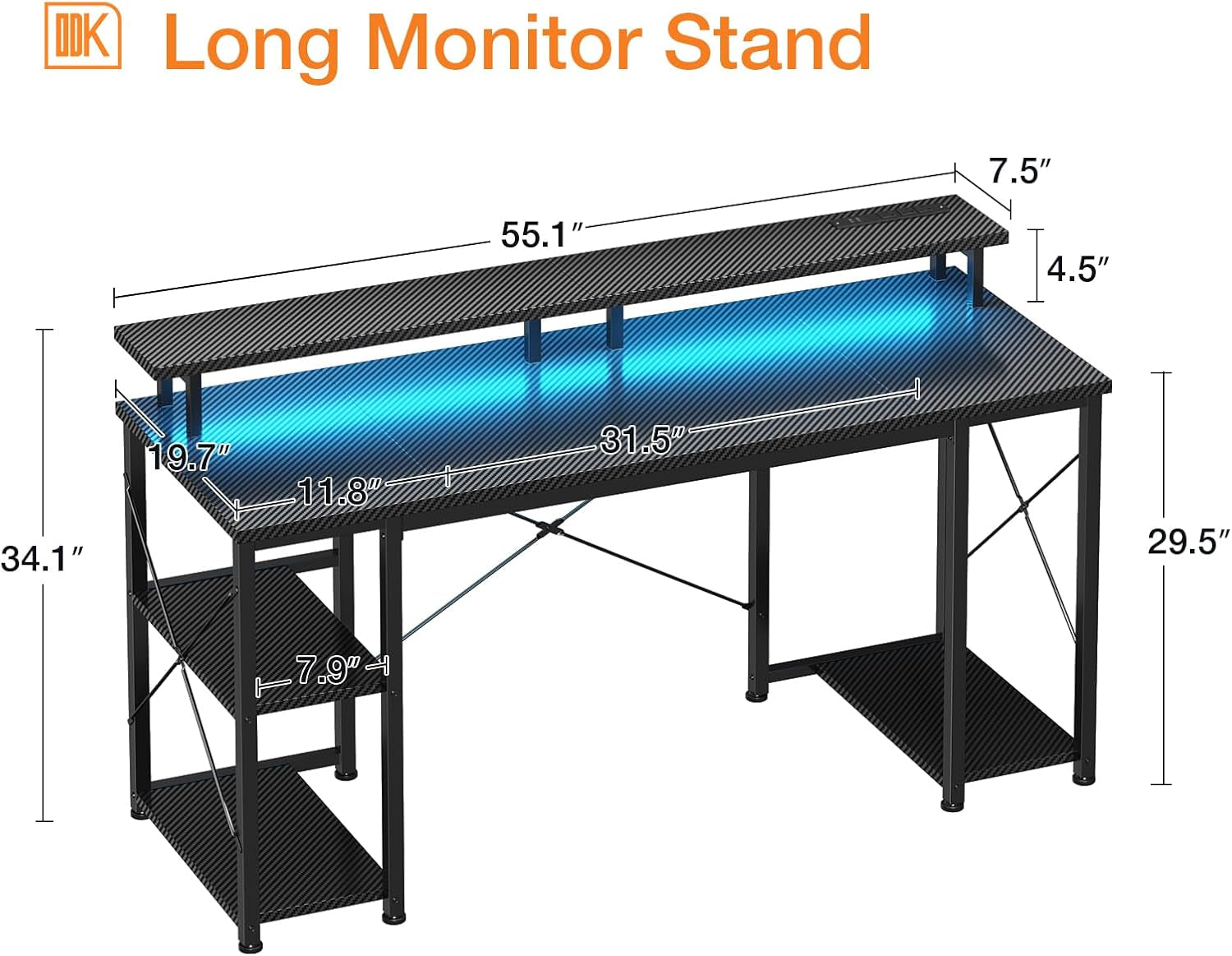 48 Inch Computer Desk with Power Outlets & LED Lights, Gaming Desk with Monitor Stand & Storage Sheves, Home Office Desk, Carbon Fiber Black-2