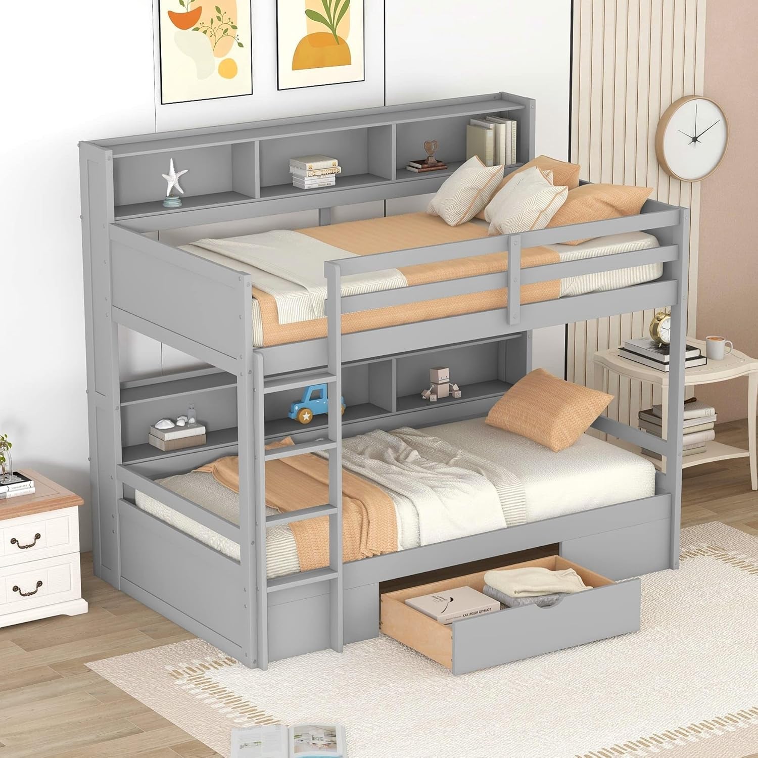 Twin over Twin Bunk Bed with Storage, Wooden Bunk Bed with Built-In Storage Shelves and Drawer, Kids Bunk Bed Twin Size for Boys & Girls, No Box Spring Needed (Gray)-0