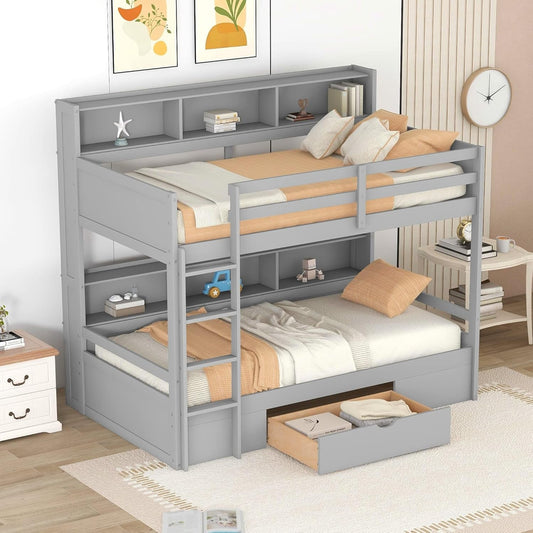 Twin over Twin Bunk Bed with Storage, Wooden Bunk Bed with Built-In Storage Shelves and Drawer, Kids Bunk Bed Twin Size for Boys & Girls, No Box Spring Needed (Gray)-0