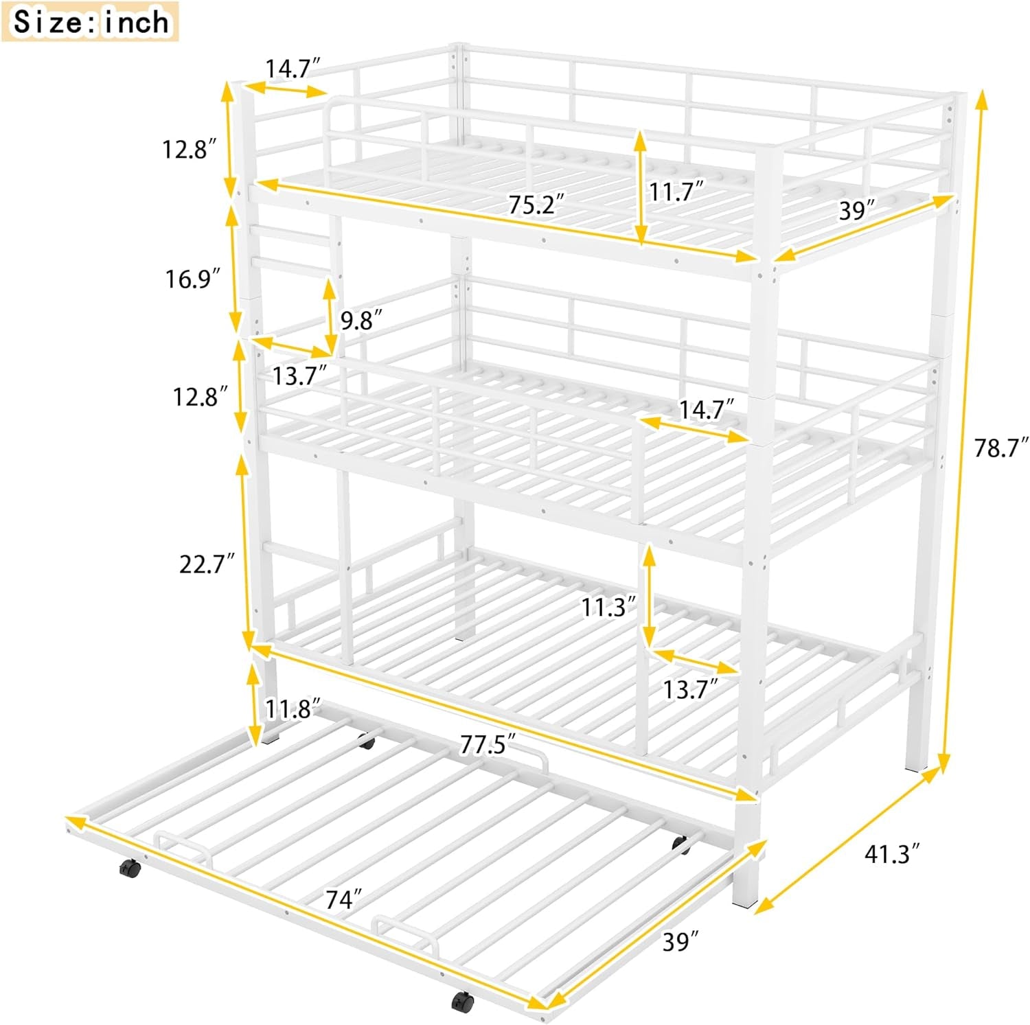 Metal Triple Bunk Bed Twin over Twin over Twin, Triple Bunk Bed with Trundle, 3-Tier Bunk Bed with 2 Ladders and Guardrails, Triple Bunk Beds for Kids(White Twin)-4