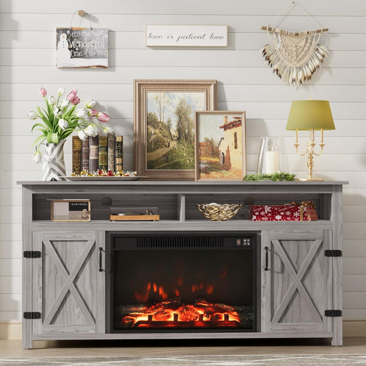 Farmhouse Fireplace TV Stand for Tvs up to 65 Inch Highboy Entertainment Center with Open Storage and Side Cabinets Rustic Media Console Table with Barn Doors for Living Room (Grey Wash)-0