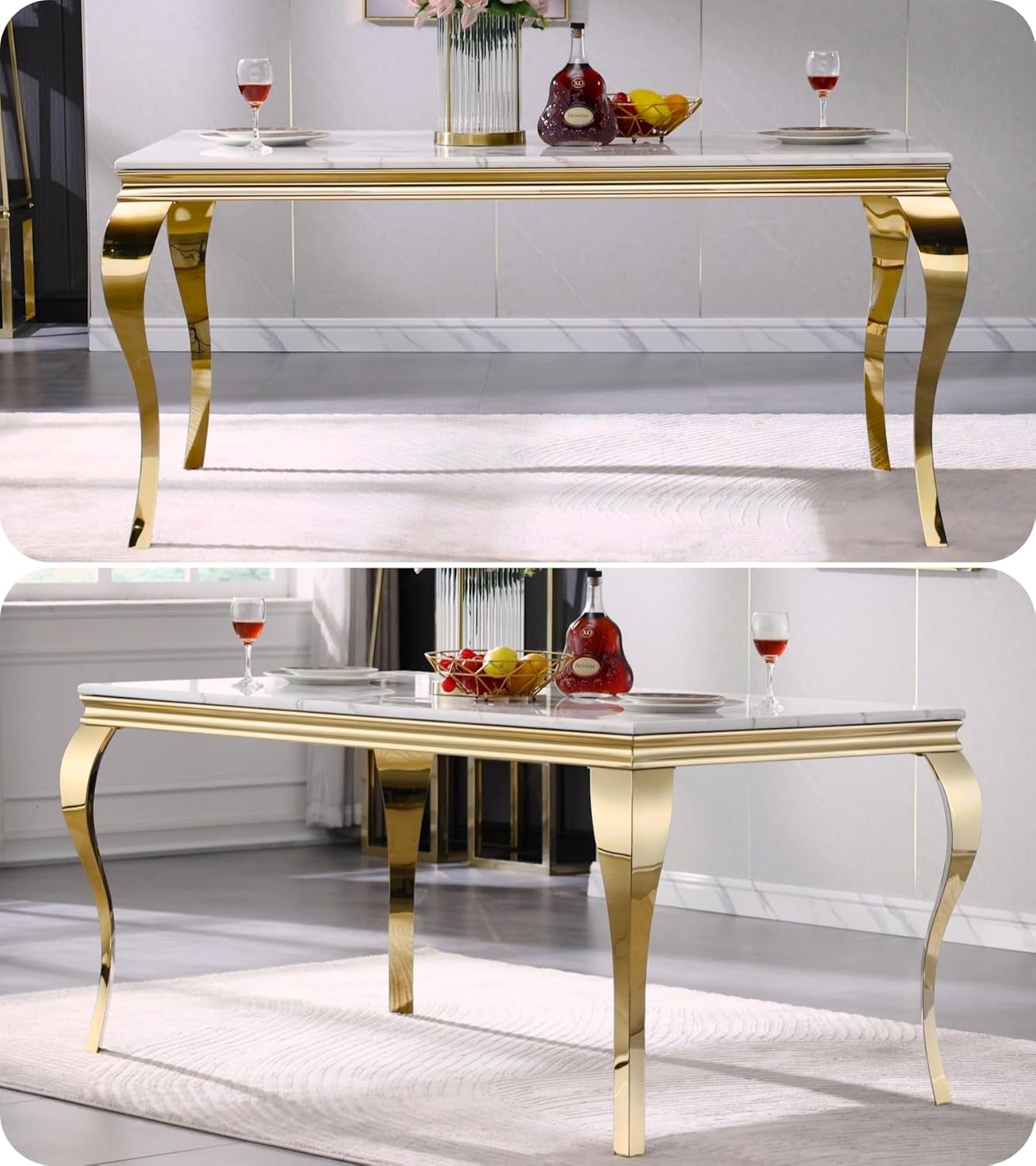 Dining Table, 63 Inch White and Gold Rectangle Dining Room Table with Gorgeous Polished Cabriole Legs-2
