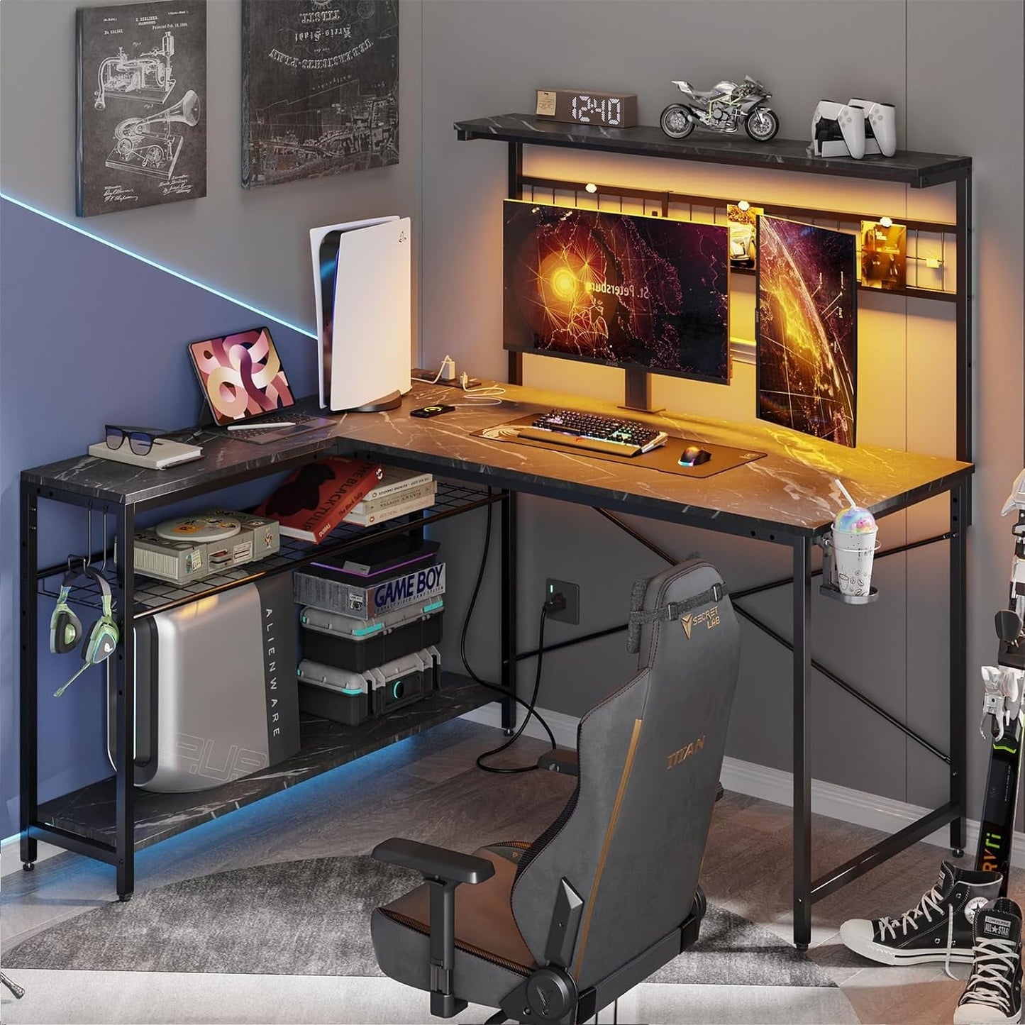 Gaming Desk 51" L-Shaped, with Power Outlets & LED Lights- 4 Tier Shelves, Reversible Gamer Table with Hooks & Cup Holder for Home Office Black Marble-1