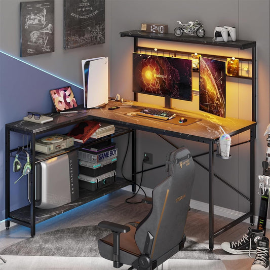 Gaming Desk 51" L-Shaped, with Power Outlets & LED Lights- 4 Tier Shelves, Reversible Gamer Table with Hooks & Cup Holder for Home Office Black Marble-1