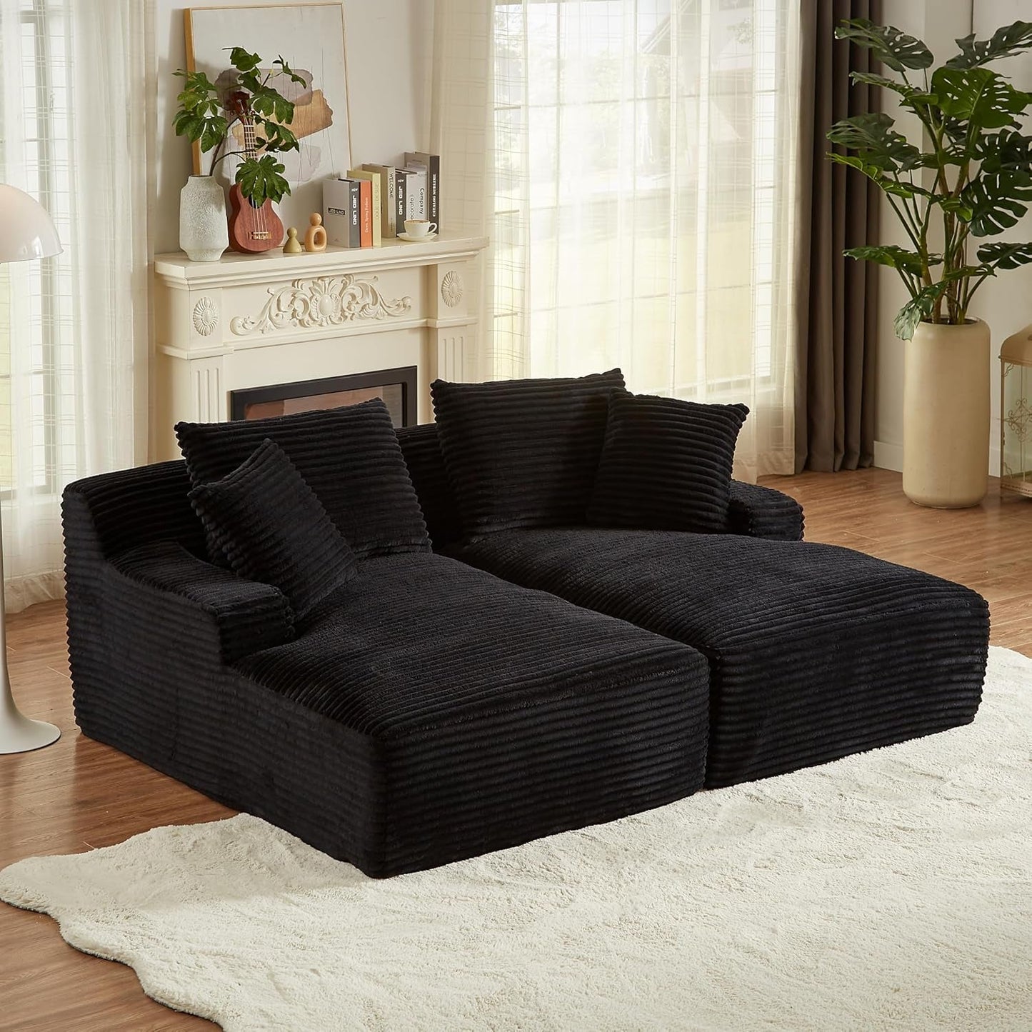 Oversized Double Chaise Lounge Loveseat Cozy Cloud Couch, Fluffy Corduroy Upholstered Sleeper Sectional Sofa Lounger Daybed with Throw Pillows and Wide Armrest for Living Room, No Assembly Required-0
