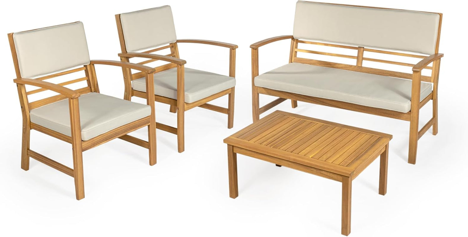 LVG1000A-4SET Barclay 4-Piece Modern Coastal Acacia Wood Conversation Outdoor Patio Set with Cushions Transitional, Classic, Traditional, Vintage, Mid-Century, Light Gray/Teak Brown-0