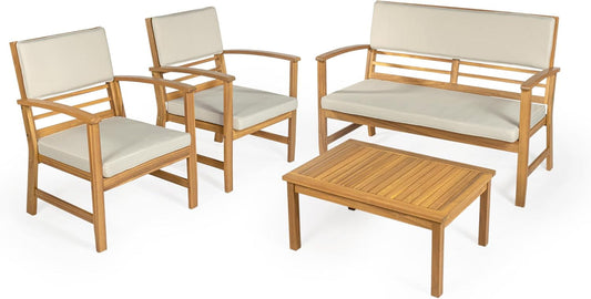 LVG1000A-4SET Barclay 4-Piece Modern Coastal Acacia Wood Conversation Outdoor Patio Set with Cushions Transitional, Classic, Traditional, Vintage, Mid-Century, Light Gray/Teak Brown-0