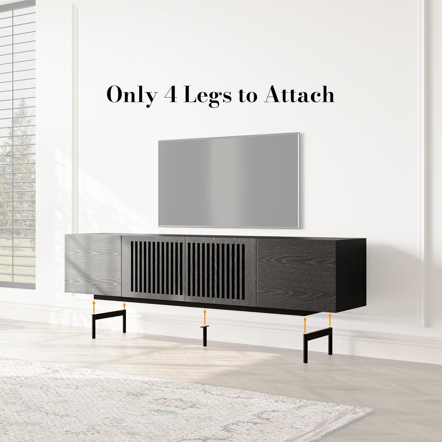 Modern Solid Wood TV Stand, Black Entertainment Center for 70 75 Inch TV, Tall TV Cabinet with Slatted Doors, Tall-Cast Metal Legs, Fully-Assembled, 78"-3