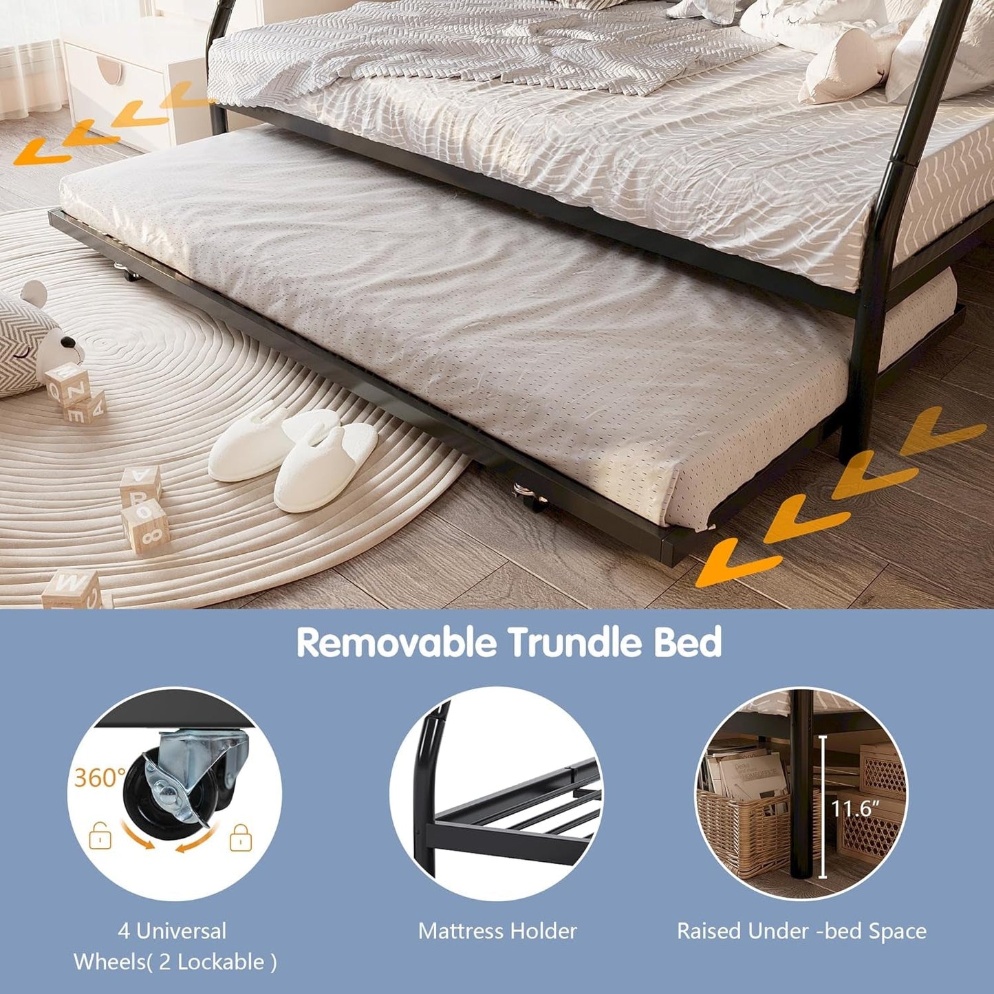 Metal Loft Bed with 2 Secured Ladders, Bunk Bed Twin over Full with Trundle, Trundle Bed Twin Safety Guard, Space-Saving, Noise Free for Small Bedroom, (Black, Twin over Full)-3