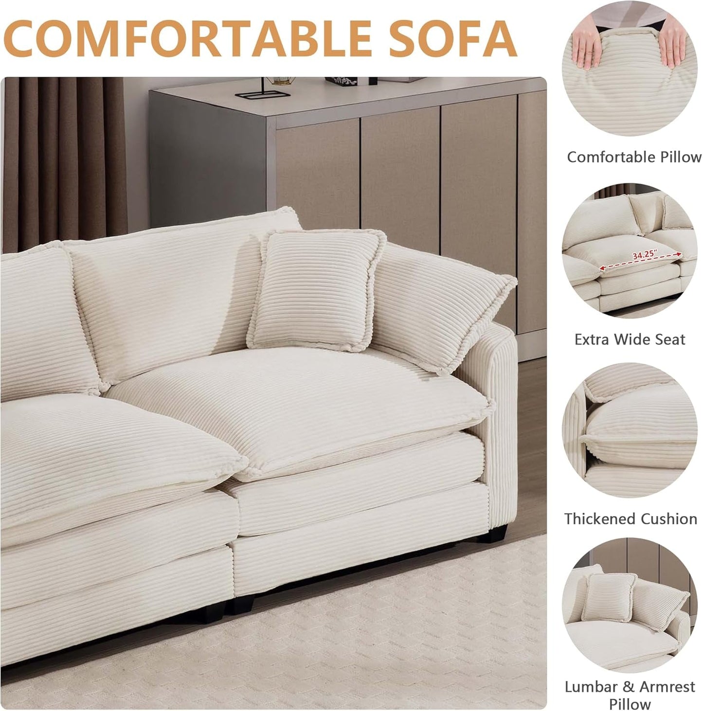 Oversized 2 Piece Sofa Set for Living Room, 3-Seater & Loveseat Couch, Modular Sectional Deep Seat Corduroy Comfy Cloud Couches with 4 Armrest Pillows and 5 Toss Pillows, Beige-3