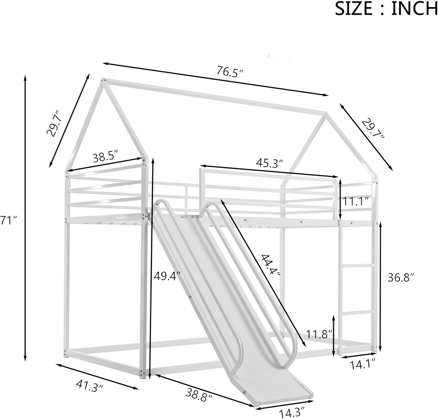 Twin over Twin Metal Floor Bunk Bed with Slide,Metal Junior House Twin Size House Bunk Bed Frame with Ladder & Roof for Boy Girl, No Box Spring Needed,Low Bunk Bed Frame with Convertible Slide-1