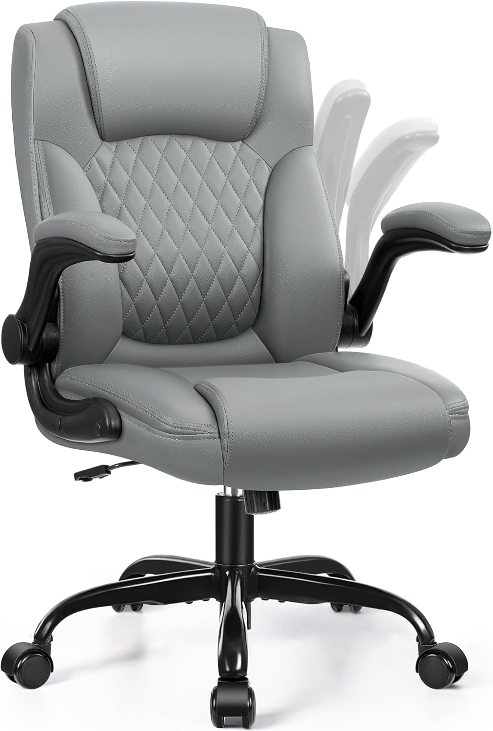 Leather Office Chair, PU Home Computer Desk Chairs with Ergonomic Back Support, 360°Swivel Free，Small Gmaing Chair with Wheels and Adjustable Armrests, for Short People Use, Gray-0