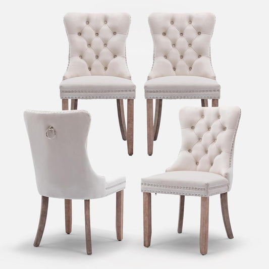 Velvet Upholstered Dining Chairs Set of 4, Modern Style Kitchen Side Chairs with Nailhead Trim and Wood Legs,Metal Pulling Ring for Dining Room Living Room(Beige,Set of 4)-0