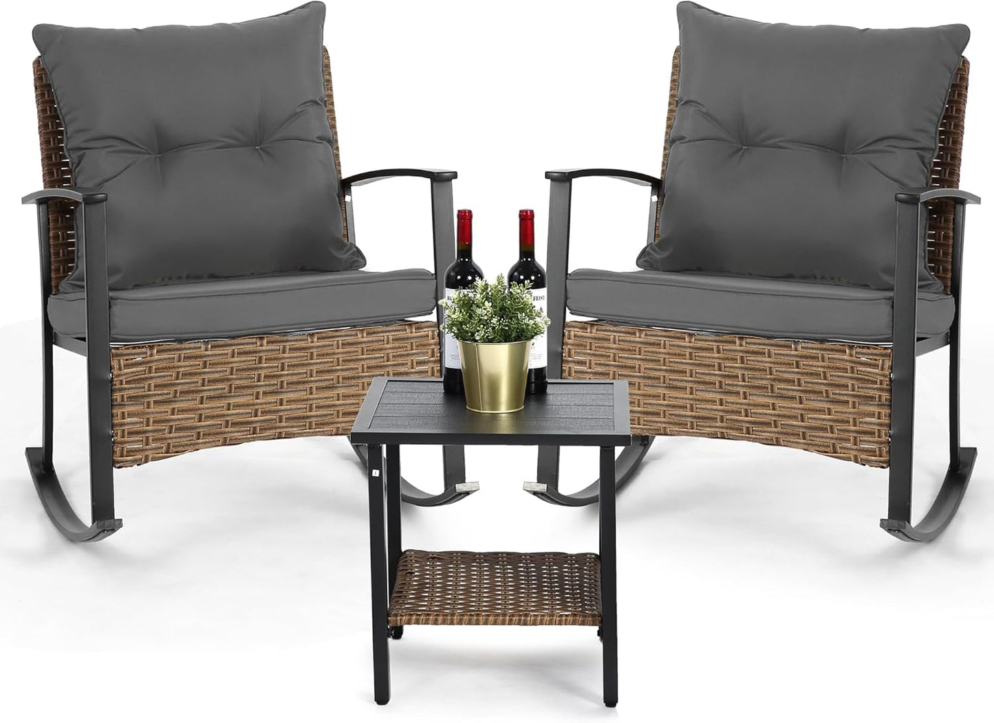 Outdoor Rocking Chair Set with Cushions and 2-Tier Coffee Table, Rattan Wicker 3 Pieces Patio Bistro Furniture Sets for Garden, Porch, Balcony, Backyard Grey-0