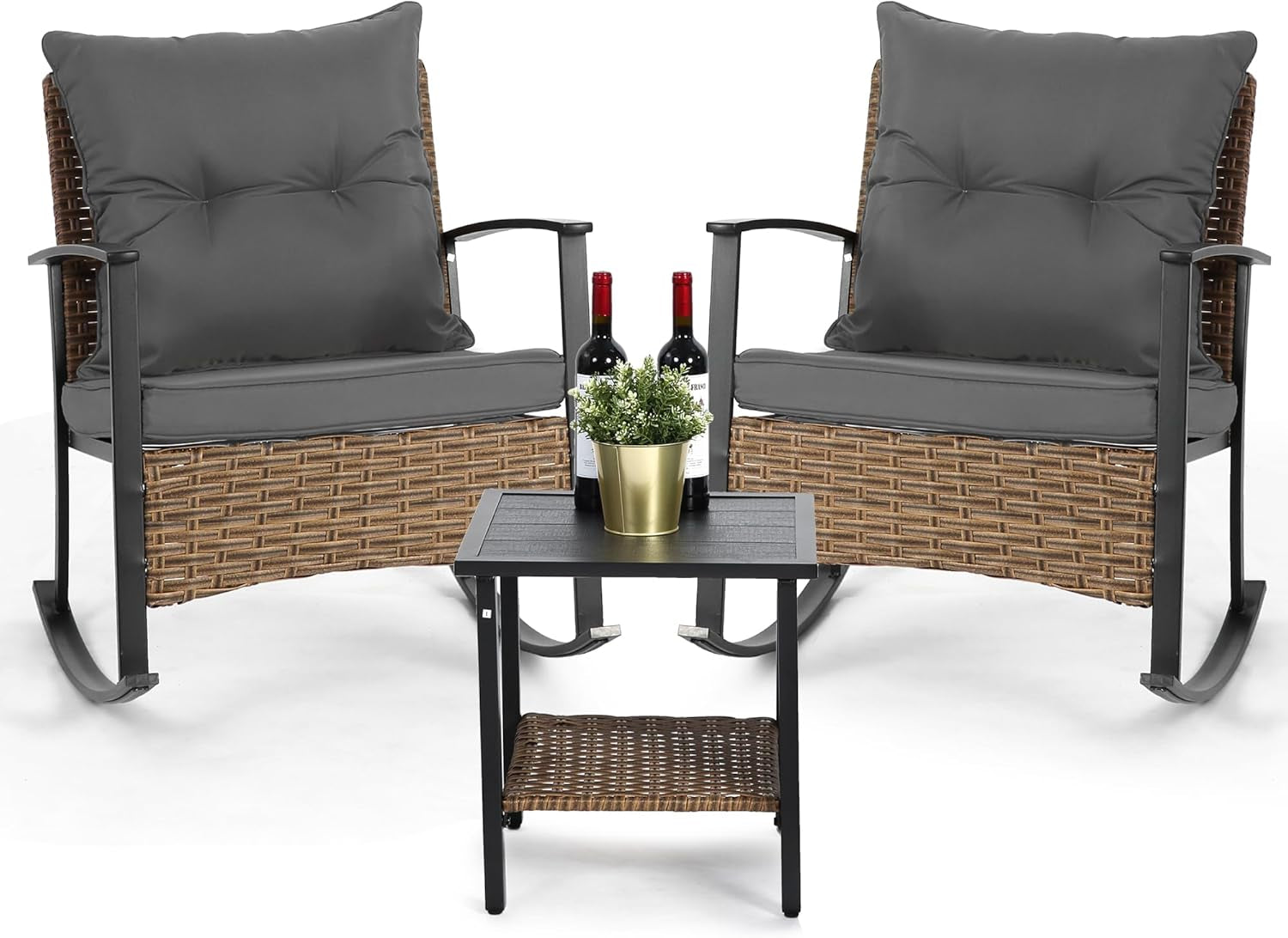 Outdoor Rocking Chair Set with Cushions and 2-Tier Coffee Table, Rattan Wicker 3 Pieces Patio Bistro Furniture Sets for Garden, Porch, Balcony, Backyard Grey-0