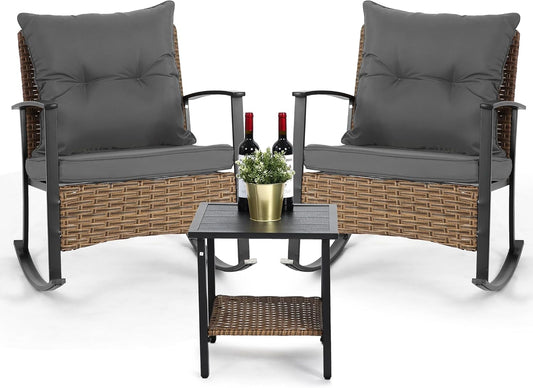 Outdoor Rocking Chair Set with Cushions and 2-Tier Coffee Table, Rattan Wicker 3 Pieces Patio Bistro Furniture Sets for Garden, Porch, Balcony, Backyard Grey-0