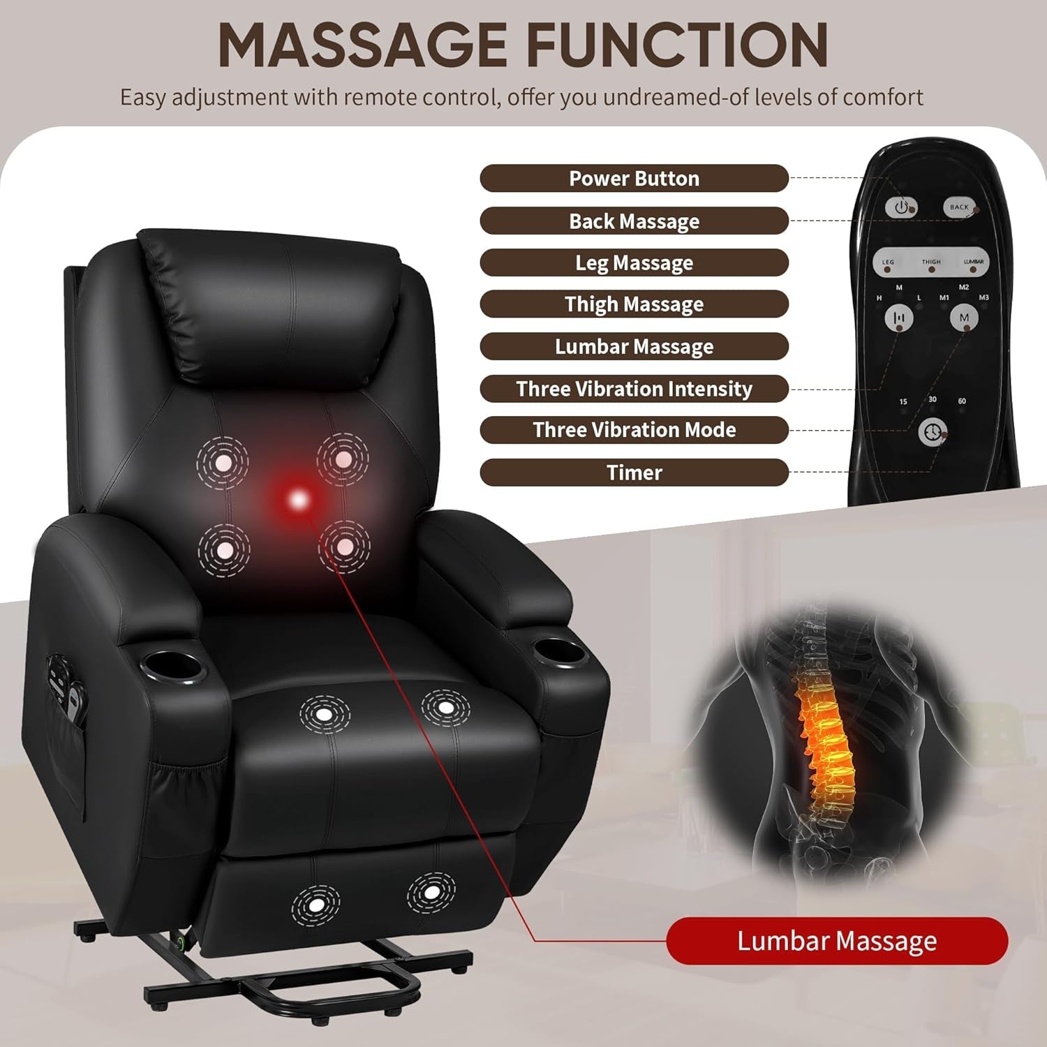 Power Lift Recliner Chair with Massage for Elderly PU Leather Modern Reclining Sofa Chair with Cup Holders, Remote Control, Adjustable Furniture (Black)-3