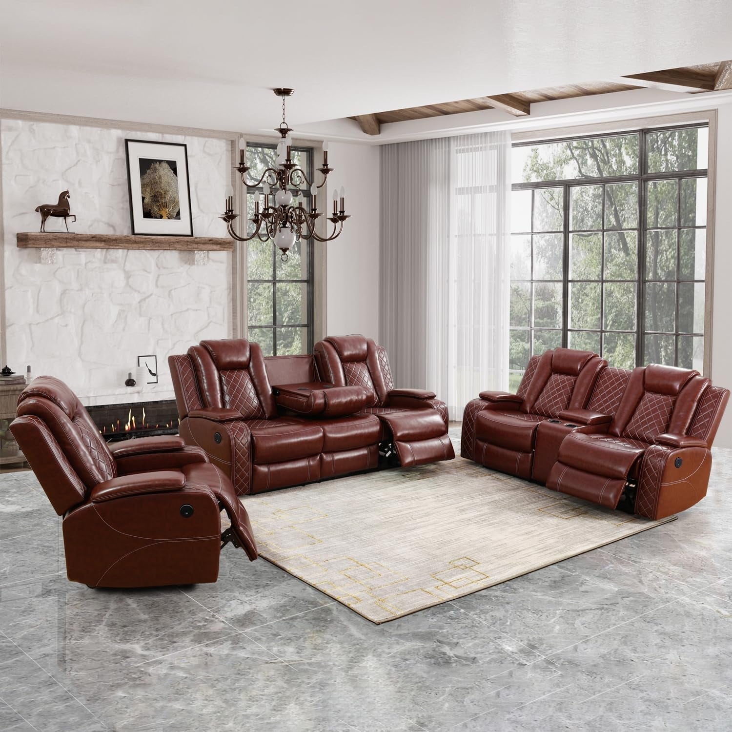 Power Reclining Sofa Set, Living Room Furniture Set with USB Ports, Leather Recliner Couches Set for Living Room/Apartment/Office/Home Theather (Burgundy, Sofa+Loveseat+Chair)-0