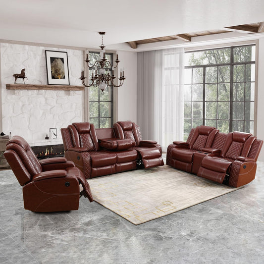 Power Reclining Sofa Set, Living Room Furniture Set with USB Ports, Leather Recliner Couches Set for Living Room/Apartment/Office/Home Theather (Burgundy, Sofa+Loveseat+Chair)-0