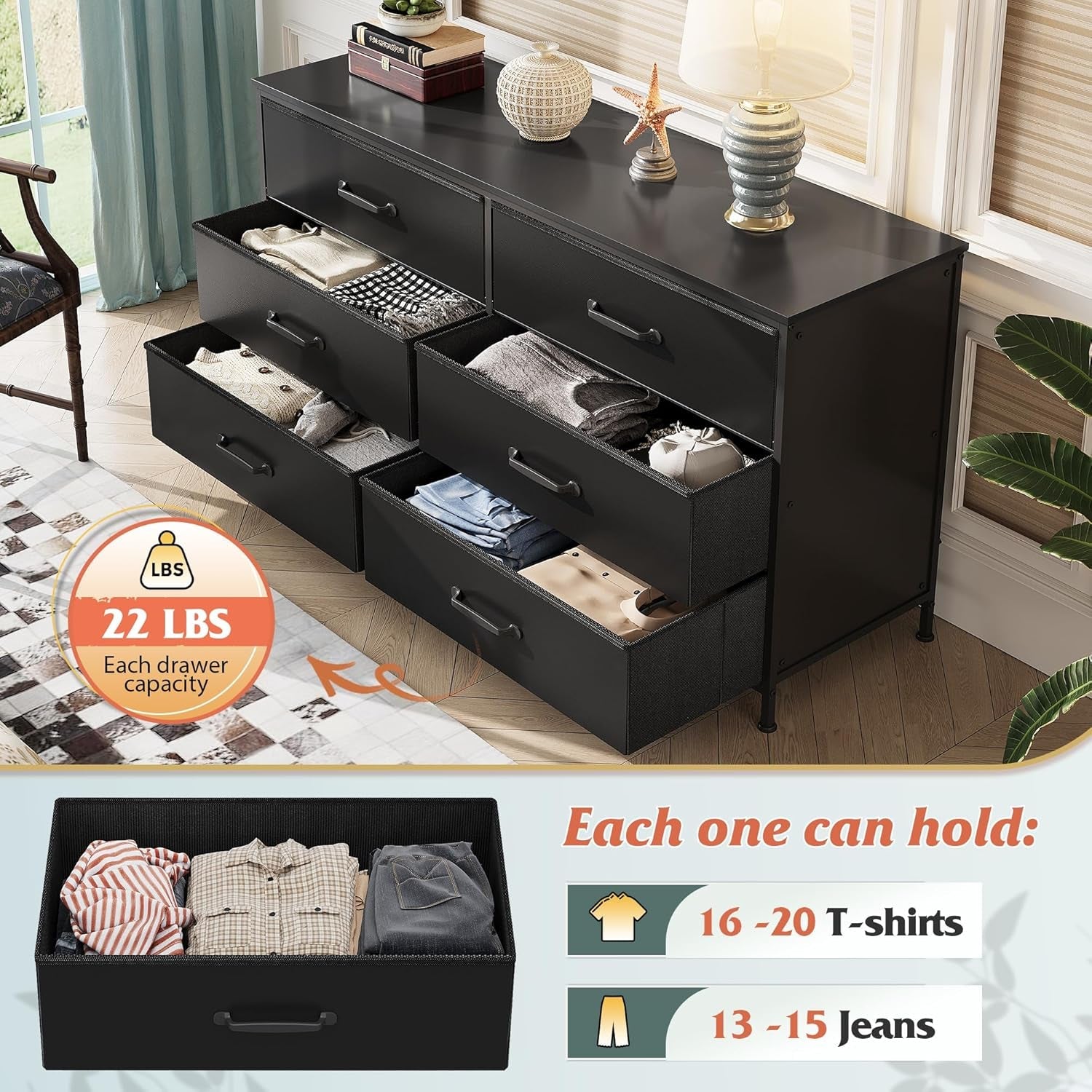 Wide Fabric Dresser, 6 Drawer Dresser TV Stand for 60" TV, Dressers Bedroom Furniture Large Storage Tower Unit with Fabric Bins, Black Dresser for Bedroom, Closet, Hallway, Black-4
