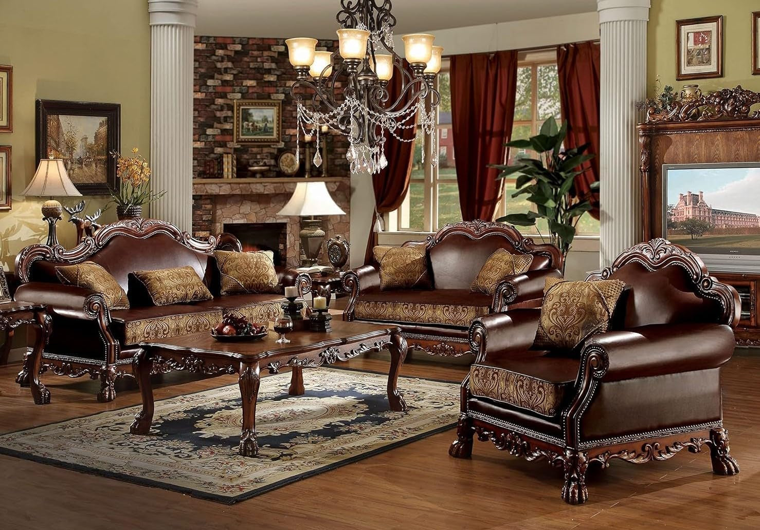 3-PS Living Room Set, Traditional Collection Including Sofa W/3 Pillows, Loveseat W/2 Pillows and Chair W/1 Pillow, Cherry Oak, Vintage/Victorian-0