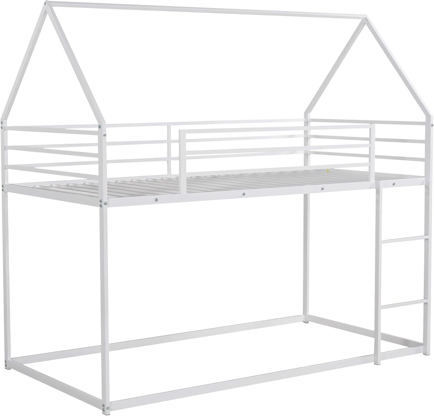 Bunk Bed Twin over Twin Metal Floor Bunk Bed with Ladder, House Shaped Bunk Bed Frame with Metal Slats for Dormitory and Bedroom, Space Saving, No Box Spring Needed-3