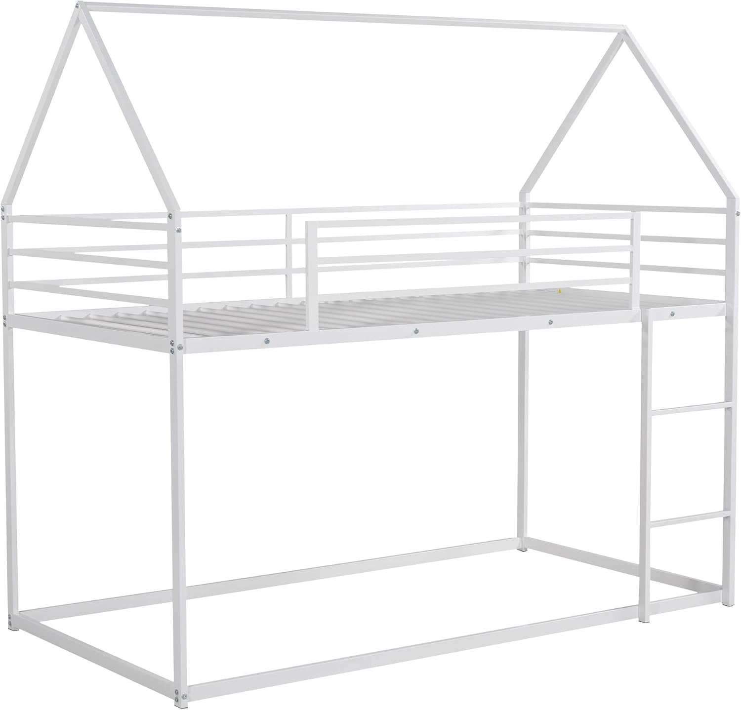 Bunk Bed Twin over Twin Metal Floor Bunk Bed with Ladder, House Shaped Bunk Bed Frame with Metal Slats for Dormitory and Bedroom, Space Saving, No Box Spring Needed-3