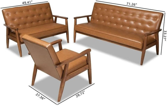 Walnut Finished Wood 3-Piece Living Room Set-0