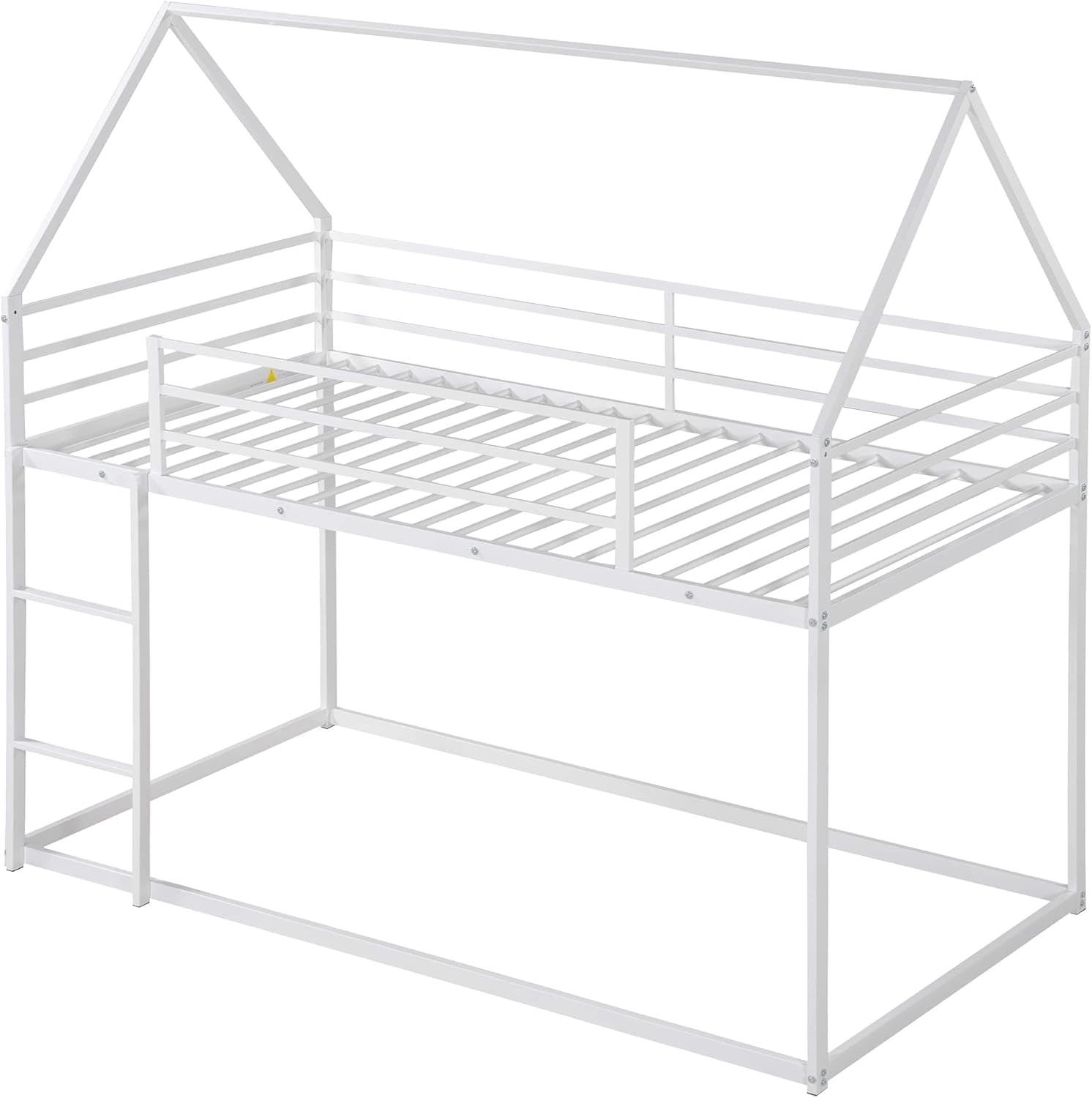 Bunk Bed Twin over Twin Metal Floor Bunk Bed with Ladder, House Shaped Bunk Bed Frame with Metal Slats for Dormitory and Bedroom, Space Saving, No Box Spring Needed-4