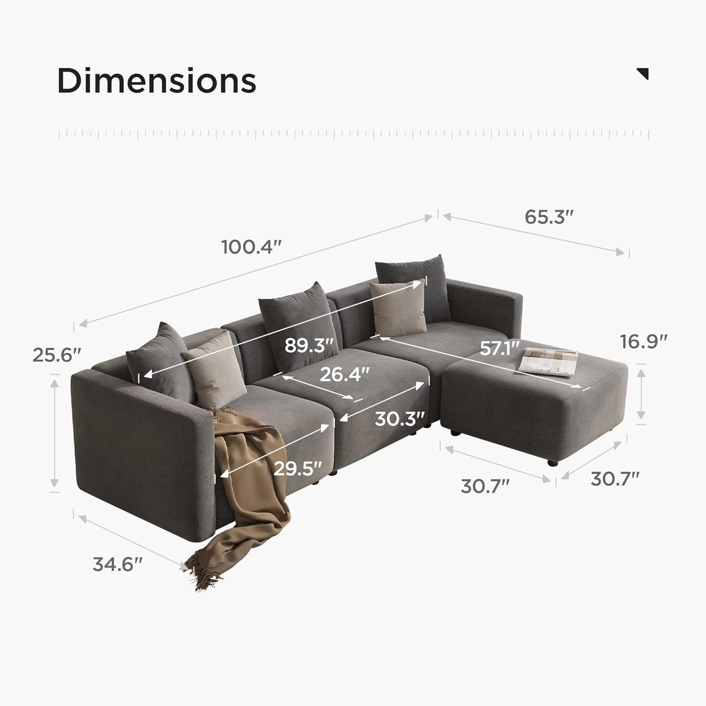 Luxury L-Shaped Upholstery Convertible Modular Sectional Sofa, Contemporary Reversible Couch with Chaise Lounge for Living Room, Apartment, 4 Piece Set, Grey-1