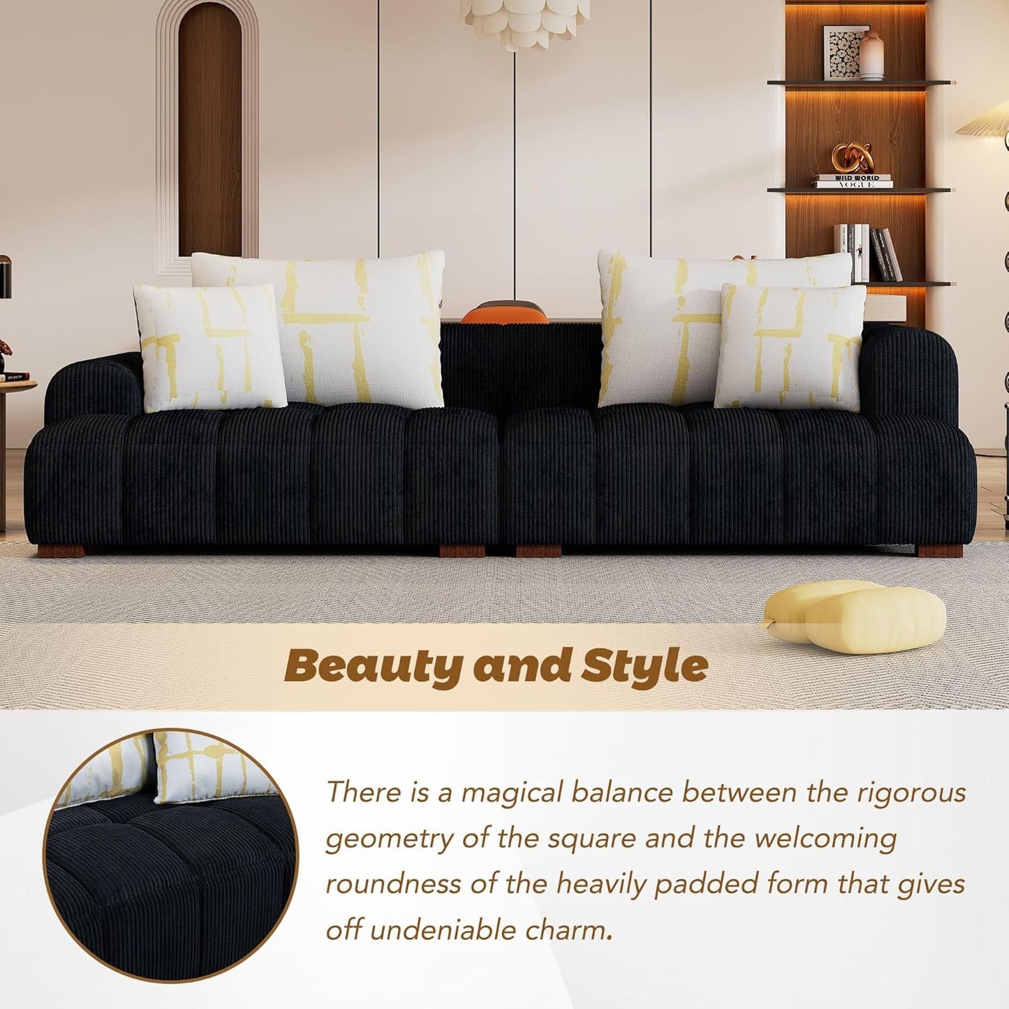 103.9" Living Room Sofa Set, Modern Couch Corduroy Fabric Comfy Sofa with Rubber Wood Legs, 4 Pillows for Living Room/Bedroom/Office, Black-4