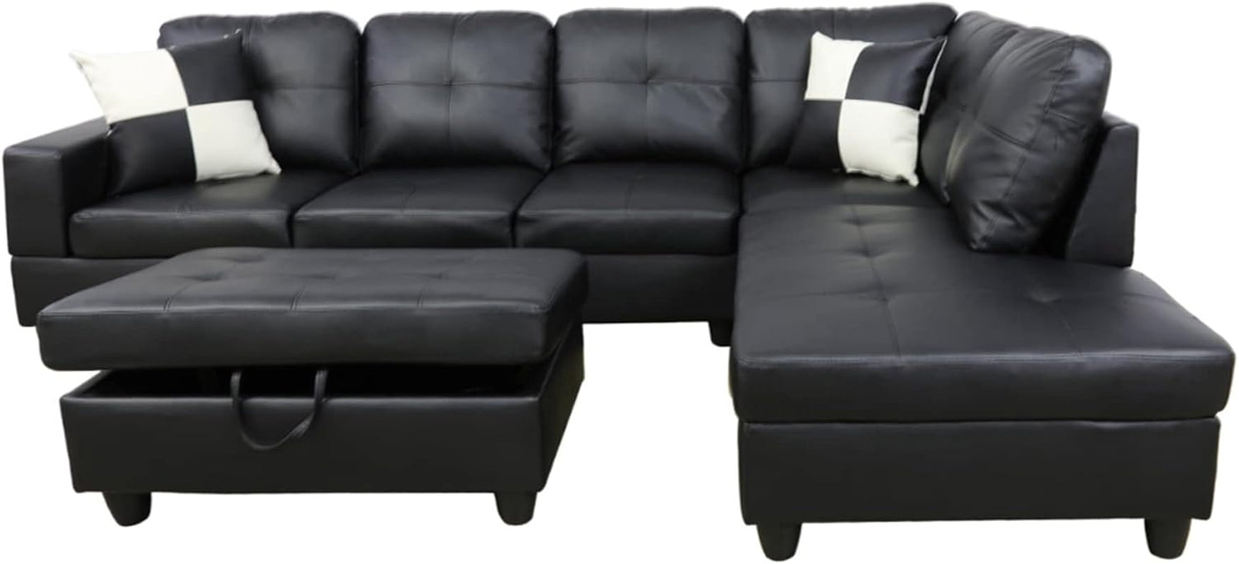 Sectional Sofa Faux Leather Modern L Shaped Couch Set 103.5”Wide Including Chaise and 3 Seating Sofa with Storage Ottoman for Living Room Furniture (Right Hand Facing, B-Black)-3
