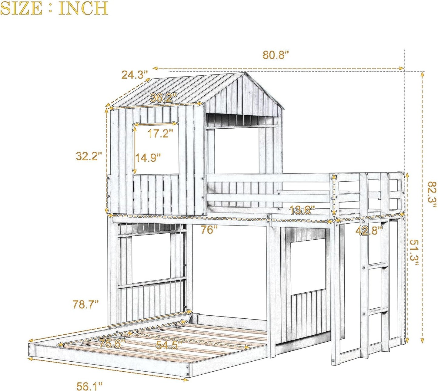 House Bunk Beds, Twin over Full Bunk Bed Wood Playhouse Bunkbed Low Bed Frame for Kids Toddlers Girls/Boys, White-2