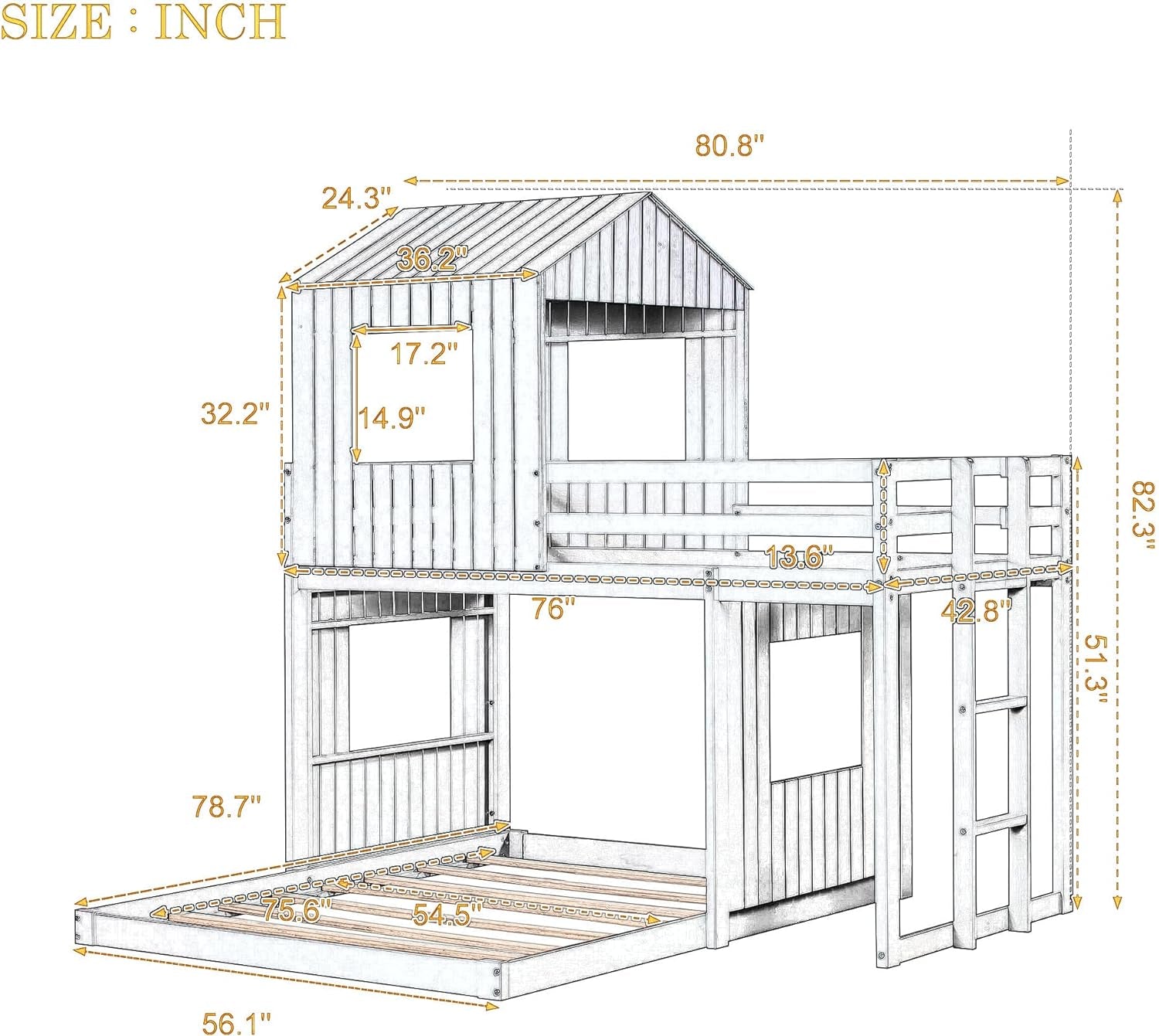 House Bunk Beds, Twin over Full Bunk Bed Wood Playhouse Bunkbed Low Bed Frame for Kids Toddlers Girls/Boys, White-2