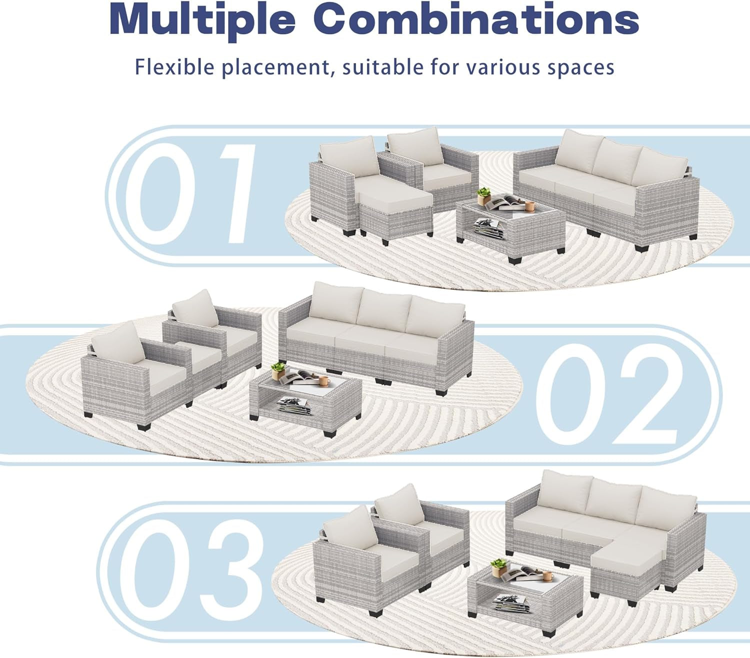 7 Piece Outdoor Patio Furniture Set, Outdoor Sectional Furniture, Rattan Chairs Glass Table Wicker Conversation Seating Sectional Sofa with Cushions (B-Grey White-Grey, B-7 Pieces-Tilted Back)-3