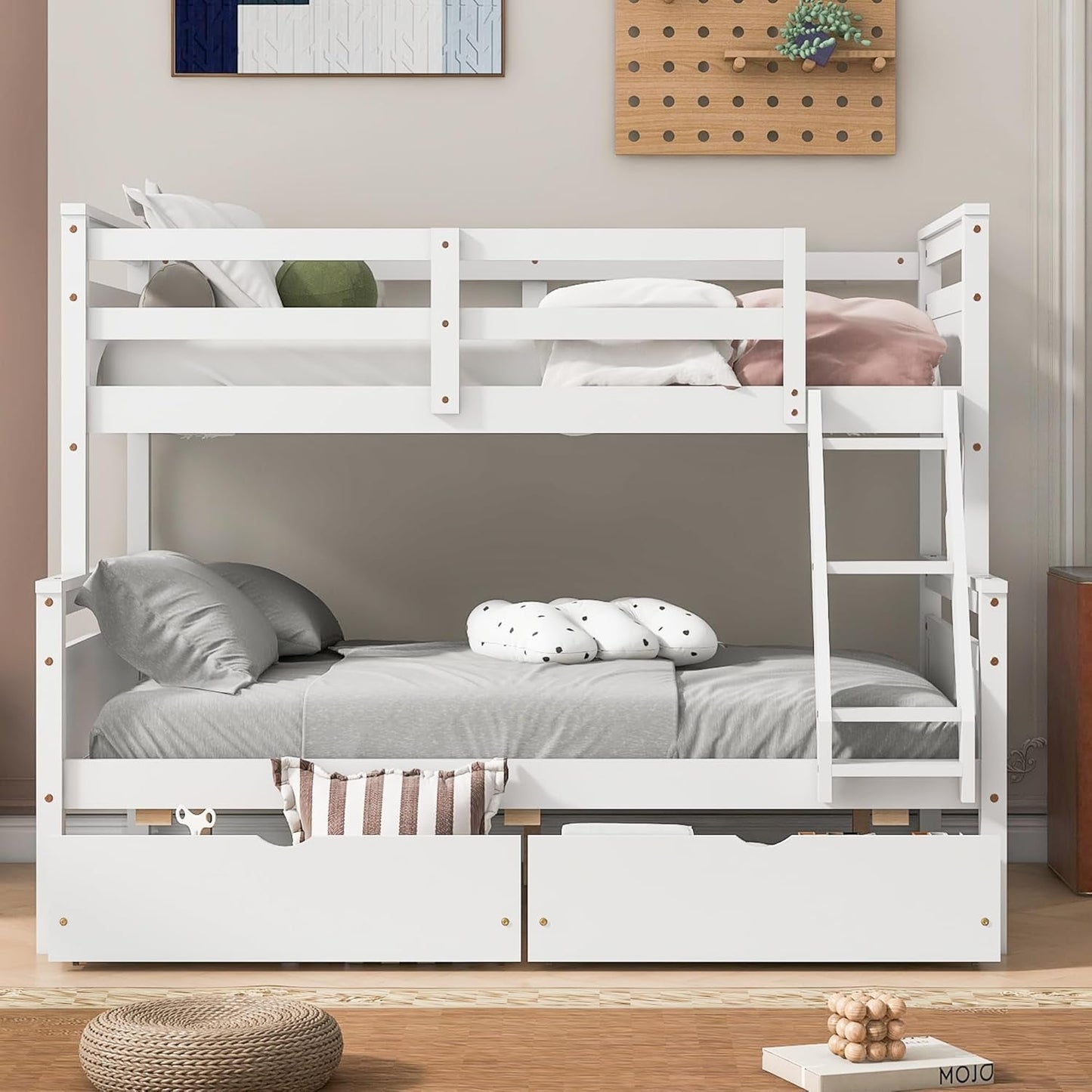 Twin over Full Bunk Bed, Kids Bedroom White Wooden Bunk Bed Frame, Convertible to 2 Separated Beds with 2 Big Drawers, Ladder & Guardrail for Teens, Wood Slat Support, Easy Assembly, White-3