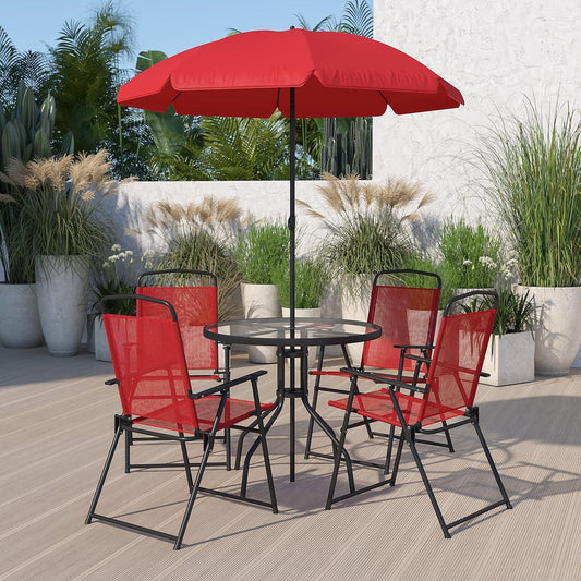 Nantucket 6 Piece Red Patio Garden Set with Table, Umbrella and 4 Folding Chairs-0