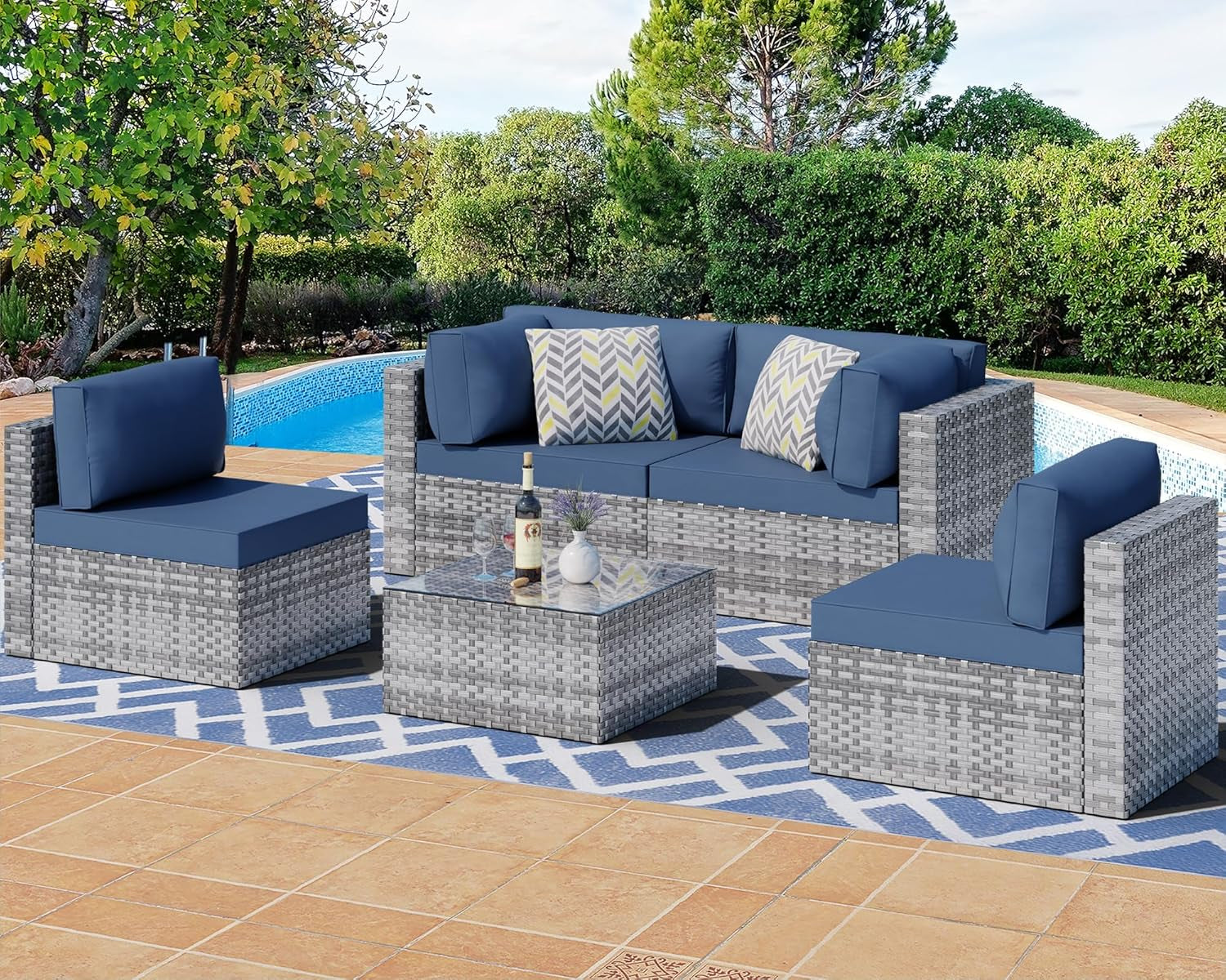 5 Pieces Outdoor Patio Sectional Sofa Couch, Silver Gray PE Wicker Furniture Conversation Sets with Washable Cushions & Glass Coffee Table for Garden, Poolside, Backyard (Aegean Blue)-0