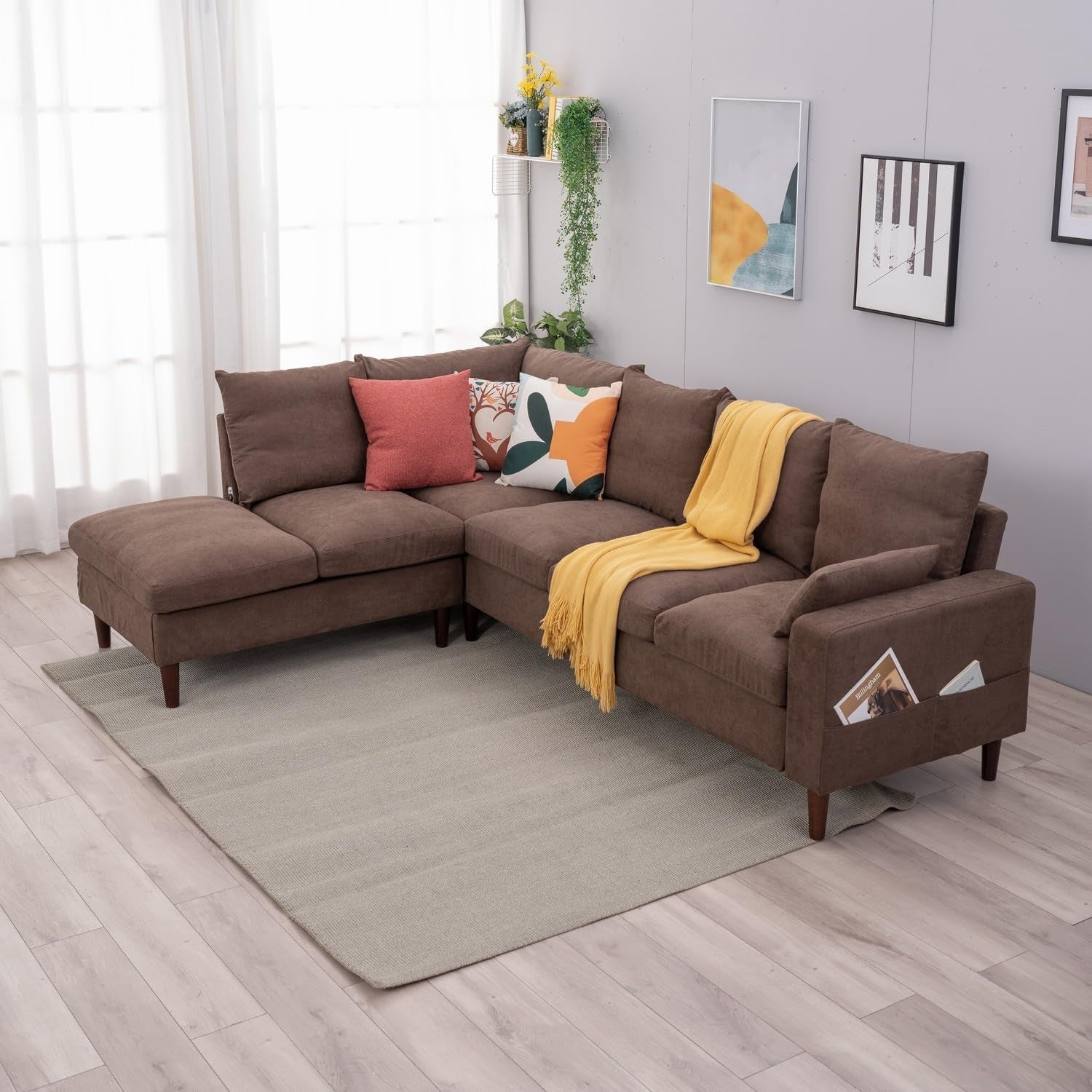 Sectional Sofa Living Room Furniture Set L Shape Couch Linen Fabric for Home Room Decor Bedroom,3 Seater Left Facing Chaise (Brown, 6 Seater Corner with Bulit-In USB Chaise)-1
