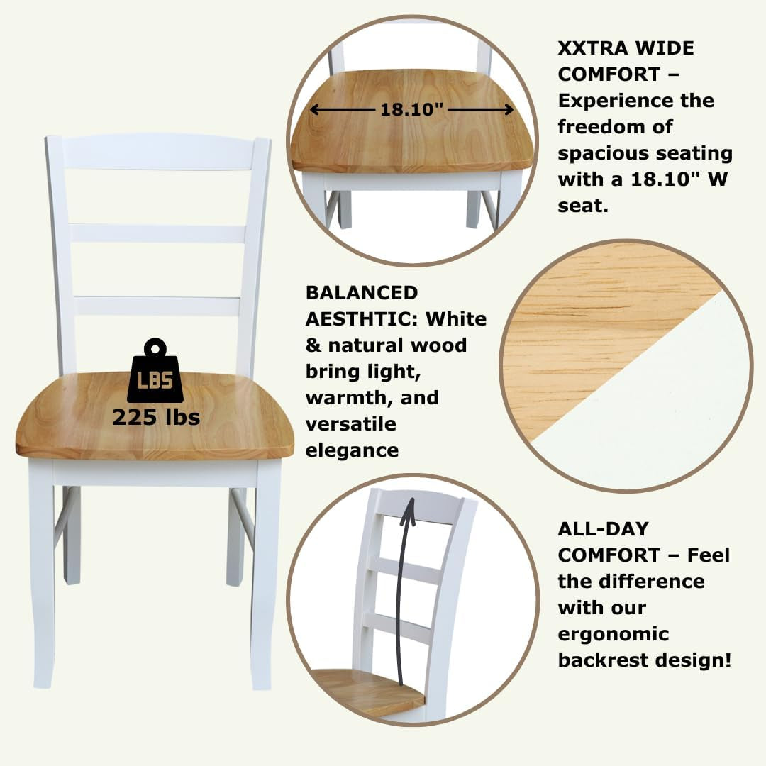 Madrid Ladderback, Set of 2 Dining Chairs , Solid Wood Kitchen/Dining Chairs, Parawood Construction, 18.1"W X 19.3"D X 35.2"H, 225 Lb Weight Capacity, Elegant, Durable, White/Natural-4