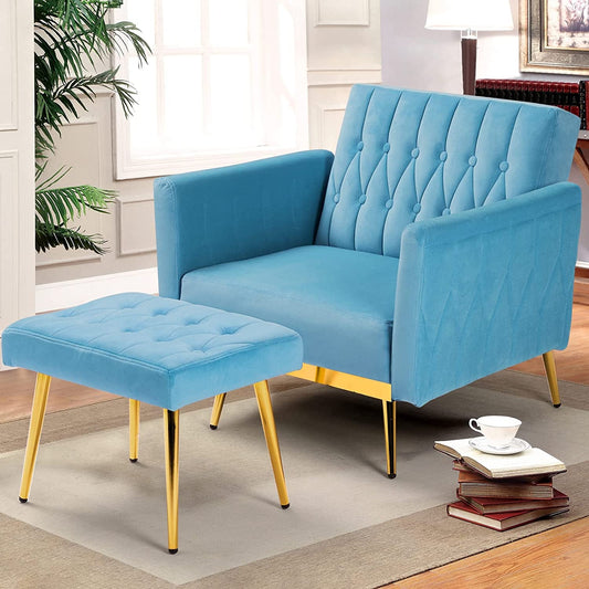 Adjustable Velvet Armchair with Ottoman, Baby Blue-0