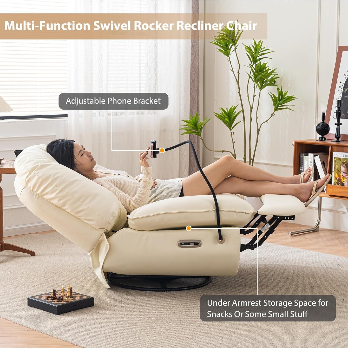 Power Swivel Glider Recliner Chair, Electric Lift Rocker Reclining Chair for Living Room with USB Charger Port, Phone Holder, Bluetooth Speaker, Voice Wake-Up Function, Faux Leather (White)-2
