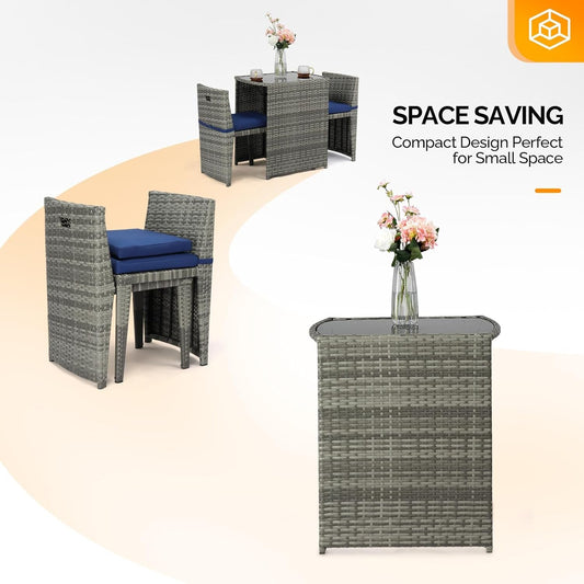 3 PCS Wicker Outdoor Patio Bistro Set, Patio Furniture Set for Small Space with Glass Top Table Dining Chairs, Balcony Furniture Patio Table and Chairs Set of 2 for Garden Yard Porch (Grey)-1