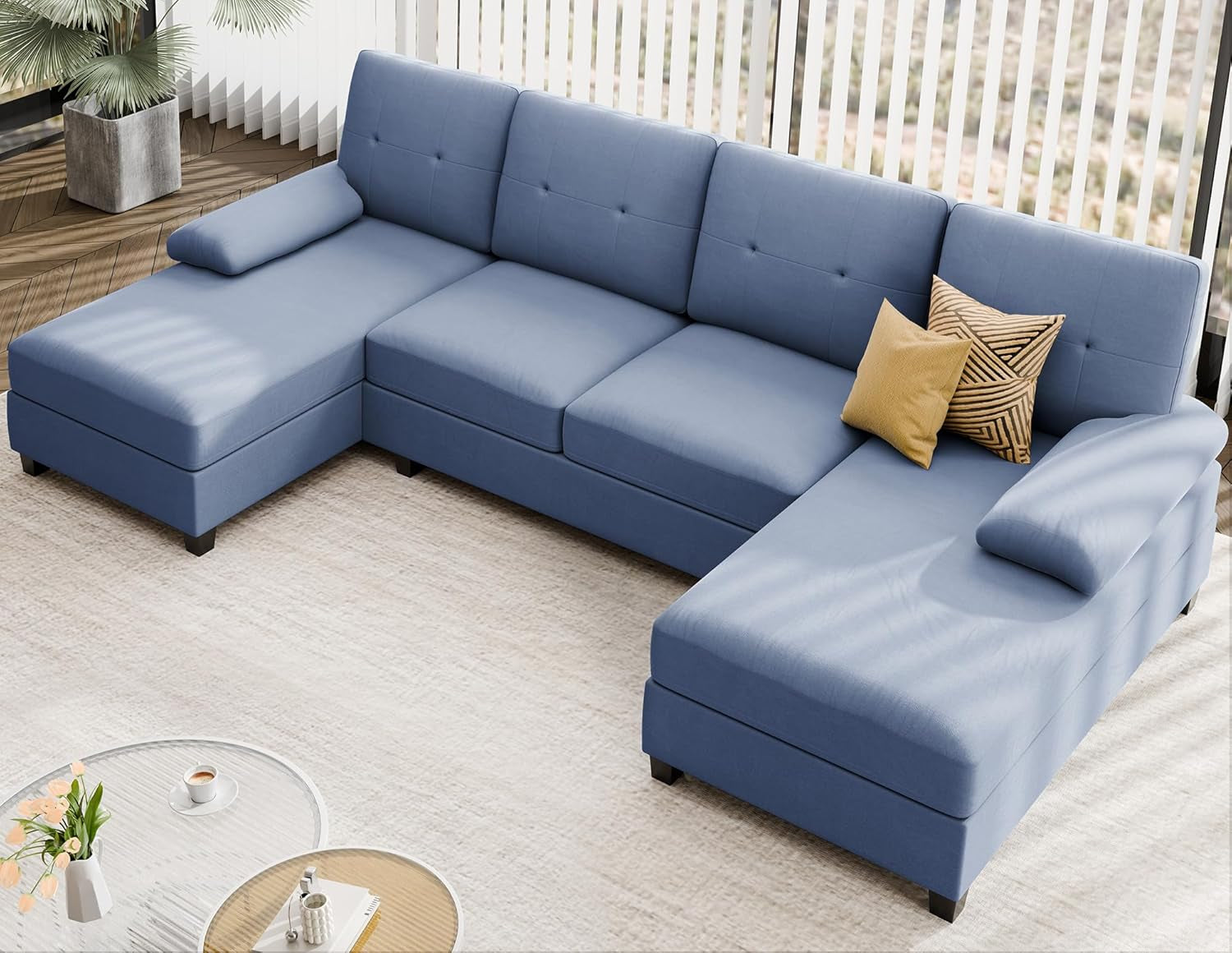 Sectional Sofa Couches for Living Room, U Shaped Sofa Living Room Furniture Sets, 4 Seat U Shaped Sofa Sectional Couch with Chaise, Blue-0