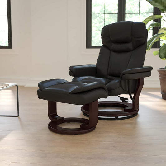 Allie Leathersoft Upholstered Recliner with Footrest, Arms, and Headrest, Padded Swivel Recliner Chair and Ottoman Set, Black-1